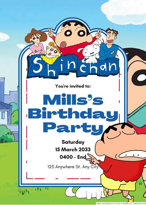 Nice 14+ Shin Chan Canva Birthday Invitation Templates It's time to get cheeky with our Shinchan birthday invitations! If you're a fan of the mischievous and irreverent anime series, these  Shin Chan invitations are the perfect way to inject some fun and ... Shinchan Birthday, Best Birthday Songs, Bday Invitations, Invitation Maker, Hanuman Pics, Birthday Songs, Shin Chan, Birthday Poster, Themed Crafts