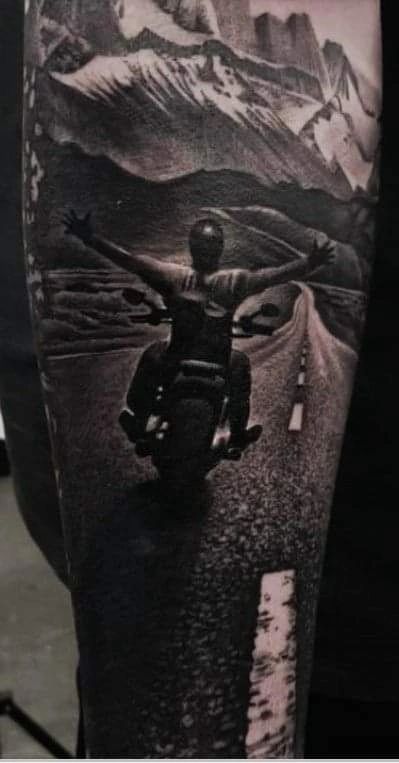 Highway Tattoos For Men, Road Tattoo Sleeve, Motorcycle Sleeve Tattoo, Construction Tattoo For Men, Motocycle Tattoo Idea, Harley Tattoo For Men, Road Tattoo Design, Moto Tattoo Ideas, Motorcycle Tattoos For Men