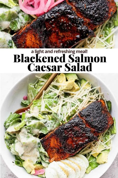 Salmon Caesar Salad, Chicken Caesar Pasta, Wooden Skillet, Caesar Pasta Salad, Caesar Pasta, Chicken Caesar Pasta Salad, Salmon Salad Recipes, Blackened Salmon, Caesar Salad Recipe