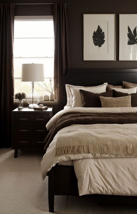 Dark Brown Bedrooms, Brown Bedroom Ideas, Brown Bed Frame, Dark Wood Bedroom Furniture, Brown Bedroom Decor, Brown Furniture Bedroom, Black Bed Frame, Brown Rooms, Brown Bedroom