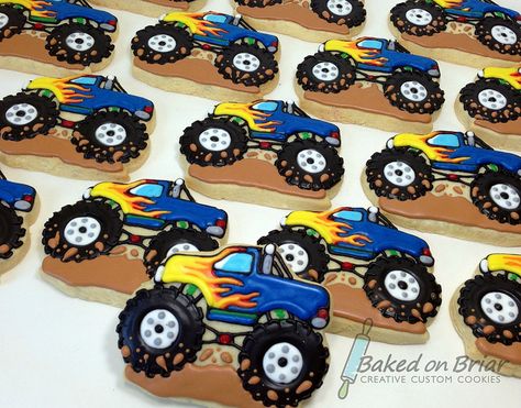 Monster Truck Cookies     www.facebook.com/bakedonbriar?directed_target_id=0 Cars Cookies, Monster Truck Cupcakes, Truck Cookies, Dot Cookies, Monster Truck Cookies, Truck Cupcakes, Monster Jam Birthday, Monster Jam Party, Monster Truck Theme