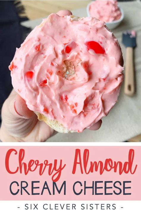 Cherry Almond Cream Cheese - Six Clever Sisters Honey Almond Cream Cheese Spread, Bread Spreads, Almond Cream Cheese, Almond Breakfast, Cream Cheese Spread Recipes, Flavored Butters, Flavored Cream Cheeses, Cheese Spread Recipes, Butter Recipes Homemade