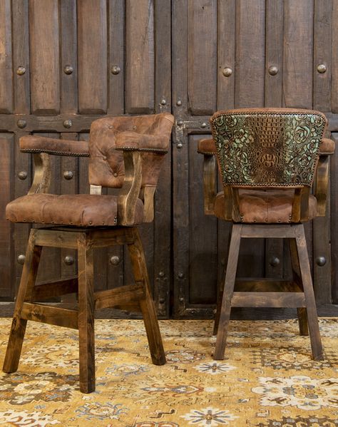 Farmhouse Style Bar Stools, Adobe Interior, Leather Barstools, Farmhouse Bar Stools, Rustic Bar Stools, Brown Bar Stools, Shop Stool, Tufted Leather, Ranch Style Home