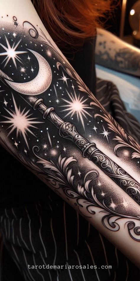 Unveil the magic behind witchy tattoos with our curated list of 50+ designs and their mystical meanings. From moon phases to protective runes, discover tattoos that resonate with your spiritual journey and elevate your personal style. Perfect for witches of all levels! 🌙🔮 #WitchyTattoos #InkMagic #TattooInspiration Witch Leg Sleeve Tattoo, Cosmic Witch Tattoo Ideas, Witch Theme Tattoo Sleeve, Witch Tattoo Forearm, Protective Runes, Black And Grey Witch Tattoo, Witch Tattoos For Women, Tricep Tattoo, Witch Tattoos