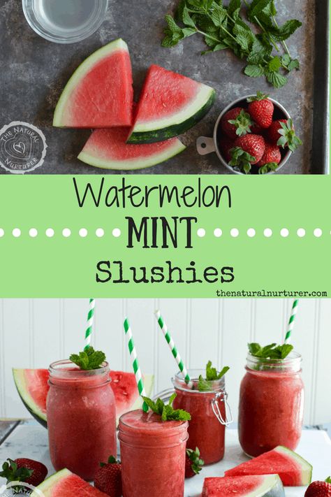 Watermelon Mint Slushies Healthy Slushies, Aip Drinks, Paleo Desert, Aip Snacks, Natural Nurturer, Drinks Nonalcoholic, Flavored Waters, Mint Drink, Autoimmune Recipes