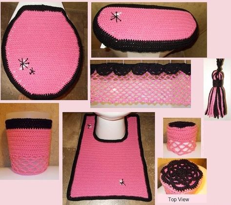 Retro Glam Bath Crochet Pattern - via @Craftsy Crochet Toilet Lid Cover Free Pattern, Toilet Paper Cover, Bathroom Projects, Retro Glam, Bath Set, Toilet Seat Cover, Bath Sets, Paper Cover, Door Knob