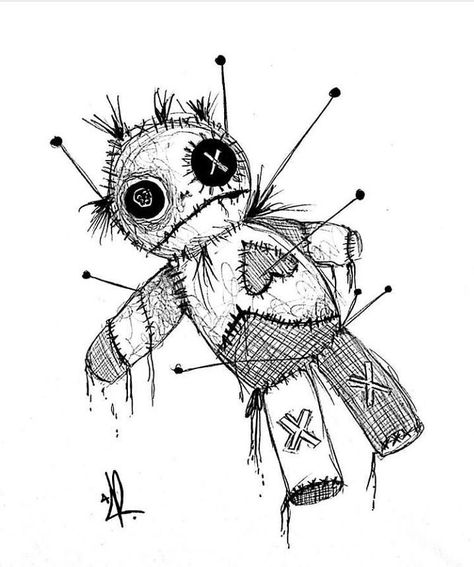 Voodoo Doll Drawing Cute, Voodoo Doll Sketch Drawings, Voodoo Drawing Sketch, Creepy Voodoo Doll Drawing, Voodoo Doll Art Drawing, Spooky Sketches Halloween, Voodoo Art Drawing, Haunted Doll Drawing, Scary Doll Drawing