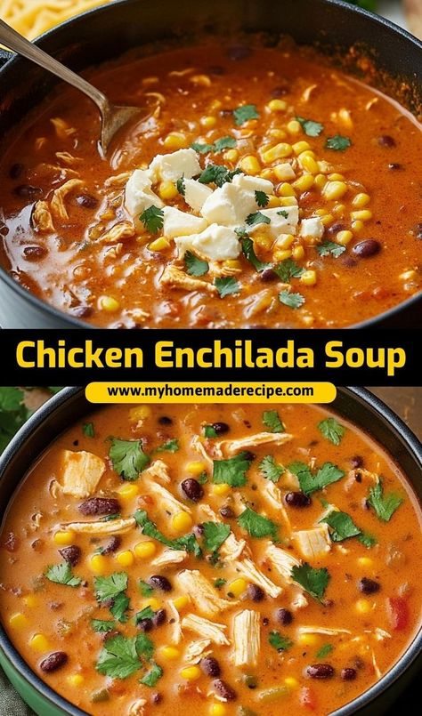 This chicken enchilada soup is the best soup for a comforting, flavorful meal. Packed with chicken and enchilada flavors, it’s the ultimate soup for a cozy dinner or fall night Chicken Enchilada Soup Stovetop, Best Chicken Enchilada Soup, Chicken Enchiladas Soup, Chicken Enchalada, Enchiladas Soup, Cozy Fall Meals, Enchilada Chicken Soup, Chicken Enchilada Soup Crock Pot, Stuffed Chicken Breast Cream Cheese