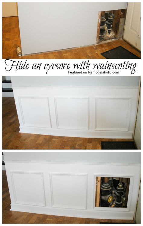 How to hide an eyesore with wainscoting Bathtub Access Panel, Water Access Panel Ideas, Hidden Access Panel Ideas, Tub Access Panel Ideas, Hidden Access Panel, Bedroom Wainscoting, Wainscoting Staircase, Wainscoting Living Room, Wainscoting Height