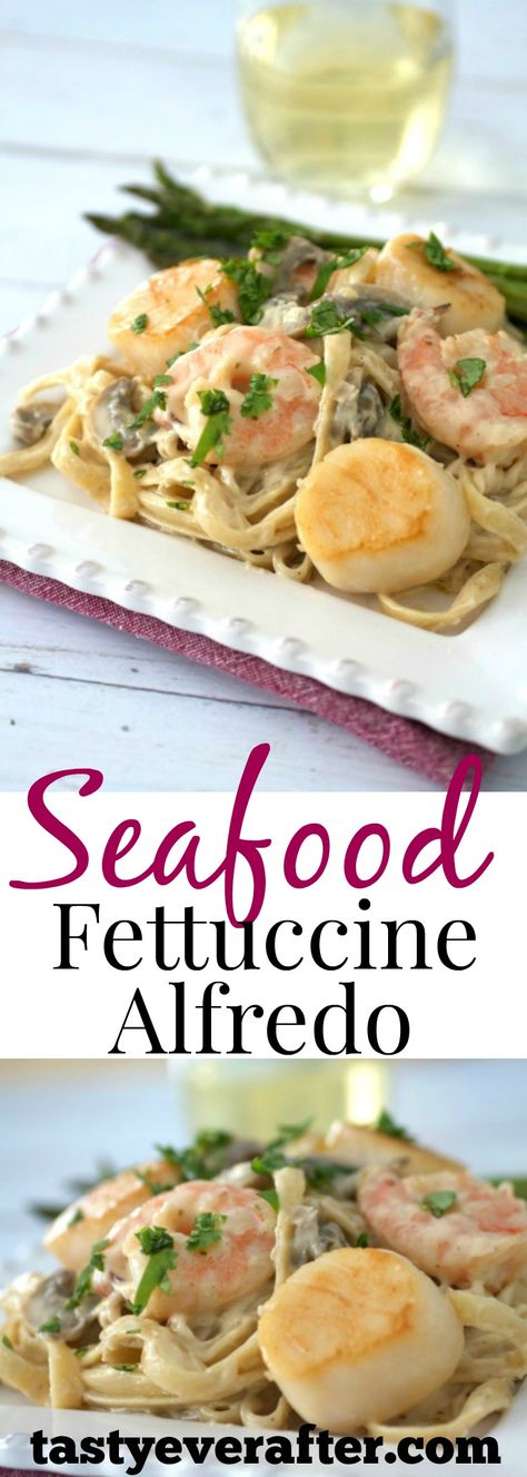 Shrimp, scallops, and mushrooms in a creamy, cheesy sauce tossed with noodles for a comfort meal that's perfect for family night or a romantic dinner for two! Scallop Alfredo, Seafood Fettuccine Alfredo, Seafood Fettuccine, Tuscan Shrimp, Fettucini Alfredo, Shrimp Scallops, Fettuccine Alfredo Recipes, Alfredo Recipe, Fettuccine Alfredo