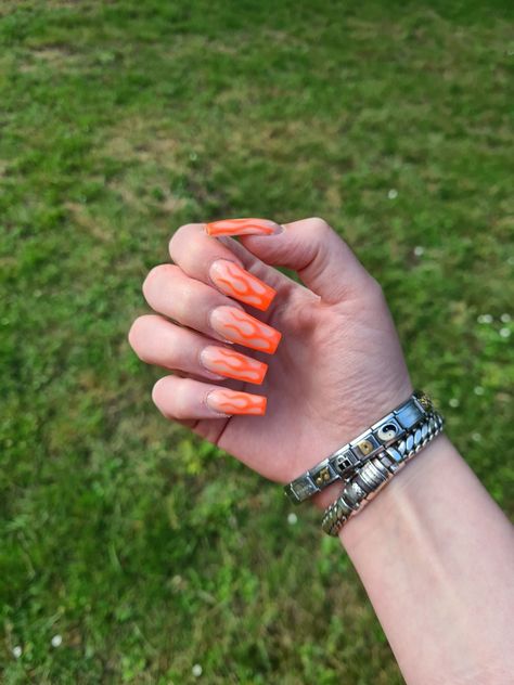 Orange Flame Nails, Orange Trendy Nails, Flames Nail Art, Cny Nails, Fear Fest, Acrylic Nails Summer, Flame Nails, Flame Nail Art, Natural Nail Art