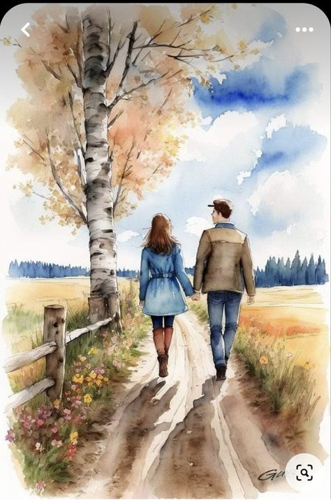 Country Watercolor, Art Couples, Watercolor Scenery, Paintings Tutorials, Water Coloring, Oil Pastels Painting, Nature Watercolor, Couple Painting, Painting Art Lesson