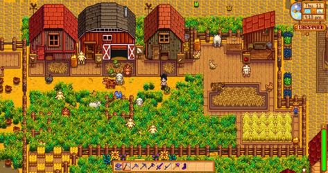 Stardew Valley - Standard Farm | barn > coop > stable > grazing area for my animals - horse, cows, goats, sheep, chickens, ducks, bunnies, and a little dinosaur | LadyAmalthea Stardew Vally Standard Farm, Strawdew Valley Farm Ideas, Stardew Animal Farm, Stardew Furnace Area, Stardew Valley Extended Farm Layout, Horse Stardew Valley, Stardew Valley Stable Ideas, Stardew Valley Dog Area, Stardew Valley Standard Farm Layout No Mods