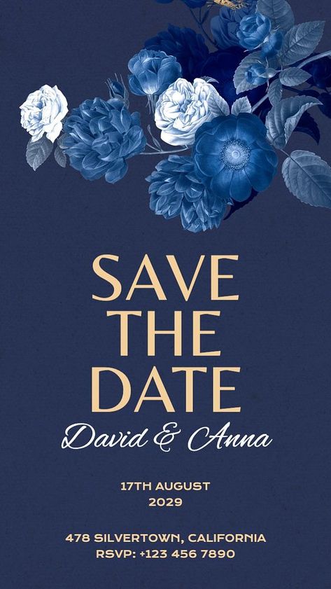 Wedding invitation Facebook story template | premium image by rawpixel.com / Sasi Dark Blue Invitation, Blue Flowers Wedding, Idea Template, Layout Book, Facebook Story, Blue Invitation, Flowers Illustration, Social Post, Publication Design