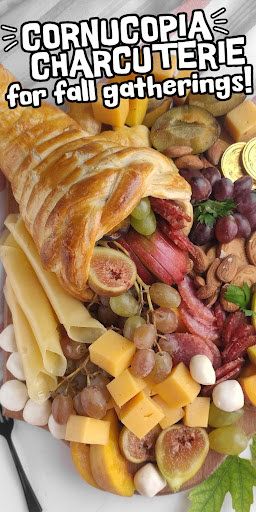 Cornucopia Charcuterie Board with Fresh and Savory Treats Charcuterie Boards For Thanksgiving, Crescent Roll Cornucopia, Cornucopia Charcuterie Board, Cornucopia Charcuterie, Thanksgiving Charcuterie, Savory Treats, Fall Snacks, Apples And Cheese, Thanksgiving Feast