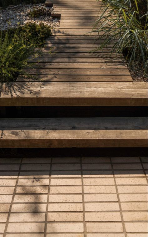 Bungalow Landscaping, Wooden Pathway, Clay Pavers, Landscape Pavers, Landscape Steps, California Plants, Outdoor Pavers, Pathway Landscaping, Exterior Cladding