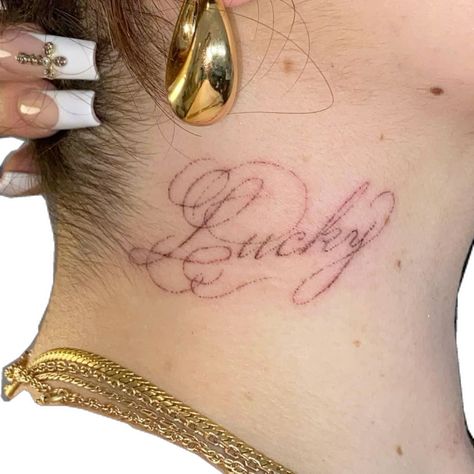 Script Tattoo Neck, Script Neck Tattoo, Cursive Neck Tattoo, Lucky Tattoo, Throat Tattoo, Cursive Tattoos, 4 Tattoo, Text Tattoo, Tattoo Font