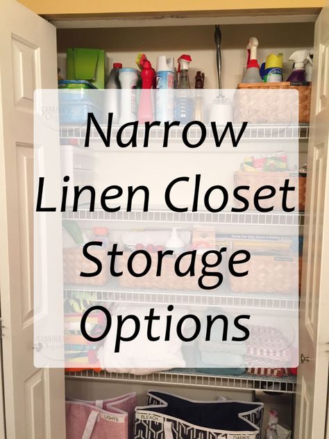 You need to do a little bit more planning when you have a narrow linen closet storage options. Here are storage options and tips to help. Narrow Linen Closet, Linen Closet Organization Hallway, Small Linen Closet Organization, Linen Closet Design, Linen Closet Shelves, Organizing Bathroom, Small Linen Closets, Diy Closet Storage, Narrow Closet