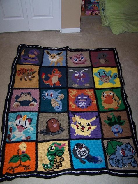 Crochet Pokemon blanket Pokemon Blanket, Pokemon Crochet Pattern, Crochet Pokemon, Pokemon Craft, Crochet For Beginners Blanket, 8bit Art, Geek Crafts, C2c Crochet, Manta Crochet