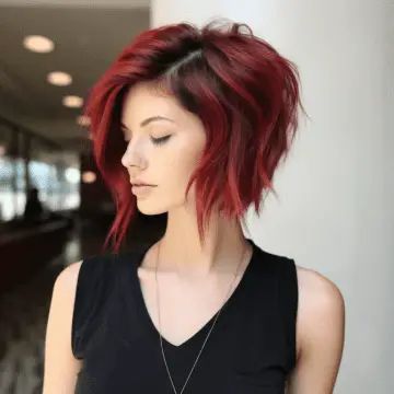 woman with Deep Burgundy with Cherry Red Money Piece Red Hair Gray Highlights, Shadow Roots Hair Brunette To Red, Red Shaggy Bob, Red Hair With Money Piece Highlights, Dark Red Pixie Haircut, Cool Hair Color Ideas For Short Hair, Bob Hairstyles Color, Bob With Money Piece, Red Hair Short Bob