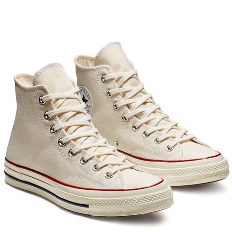 Chuck 70 Classic High Top Parchment/Garnet/Egret Converse Chuck 70 High Top, Converse Chuck 70s, Chuck 70 High Top, White Chucks, High Top Chucks, Dr Shoes, Stranger Things Dr, Dr Wardrobe, Converse Chuck 70