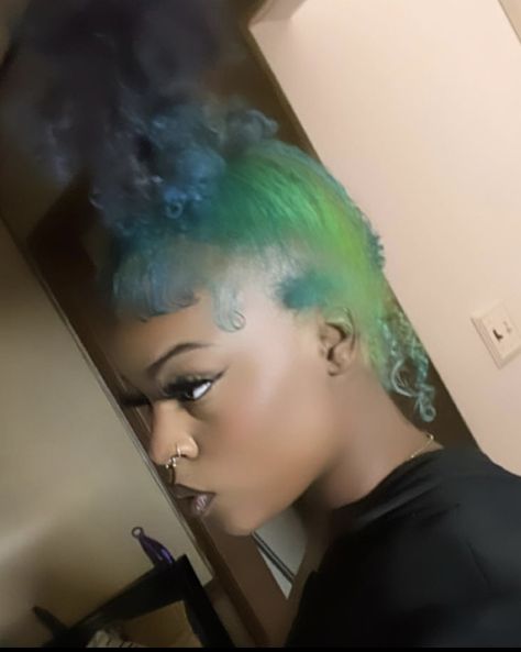 Blue And Green Skunk Stripe Hair, Blue And Green Hair Black Women, Stunk Strip Hairstyles, Blue Skunk Stripe Hair, Skunk Strip, Blue And Green Hair, Blue Natural Hair, Skunk Stripe, Girl Hair Colors