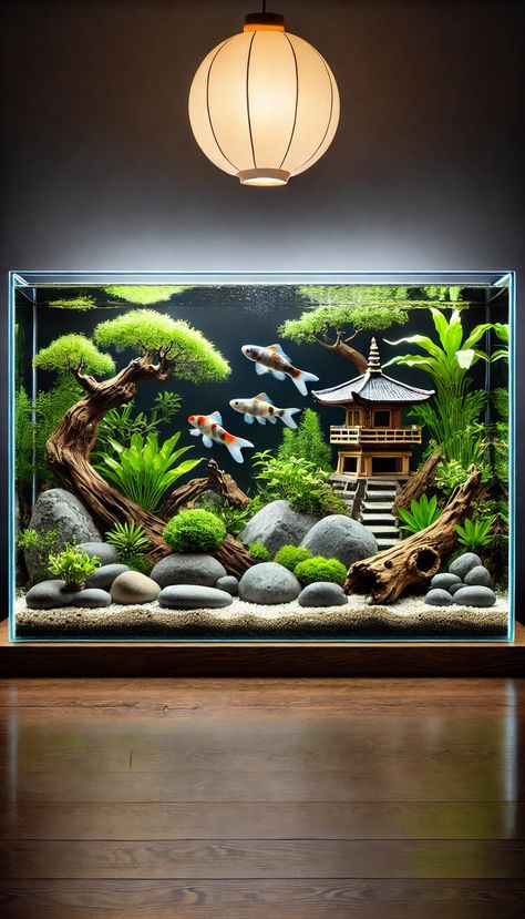 Fish Tank Decoration Ideas, Tank Decoration Ideas, Fish Tank Themes Ideas, Japanese Aquarium, Small Pagoda, Fish Tank Themes, Enchanted Forest Theme, Fish Tank Design, Sci Fi Landscape