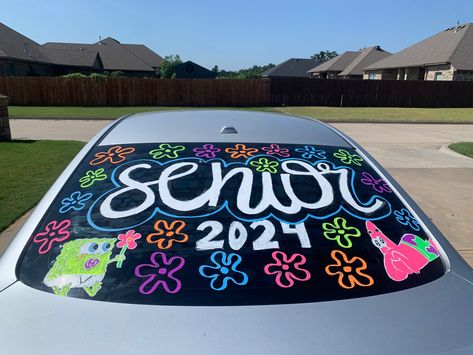 High School Car Decorating, Just Graduated Car Paint, Car Window Decorations For Graduation, Car Decorating Ideas For Graduation, Graduate Car Decoration, Graduation Window Paint Ideas, Senior Car Decorating 2024, Class Of 2024 Car Decorating, Senior Writing On Car Windows