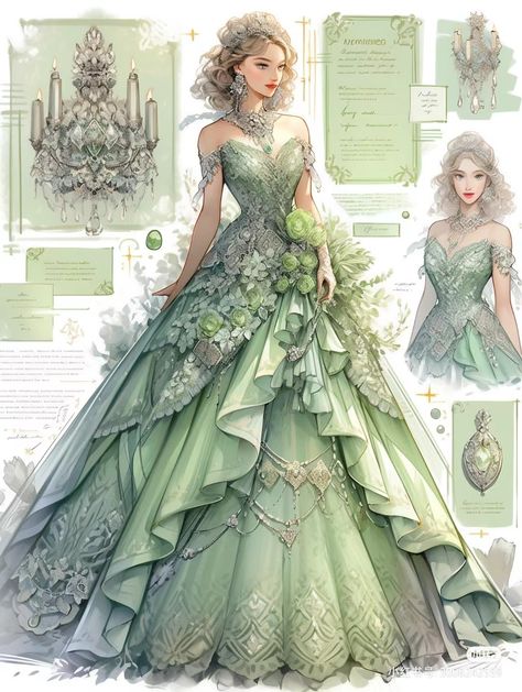 Green Gowns, Anime Dresses, Fantasy Clothes, Dress Design Drawing, Old Fashion Dresses, Fashion Sketches Dresses, Fantasy Dresses, Fashion Drawing Dresses, Dress Design Sketches