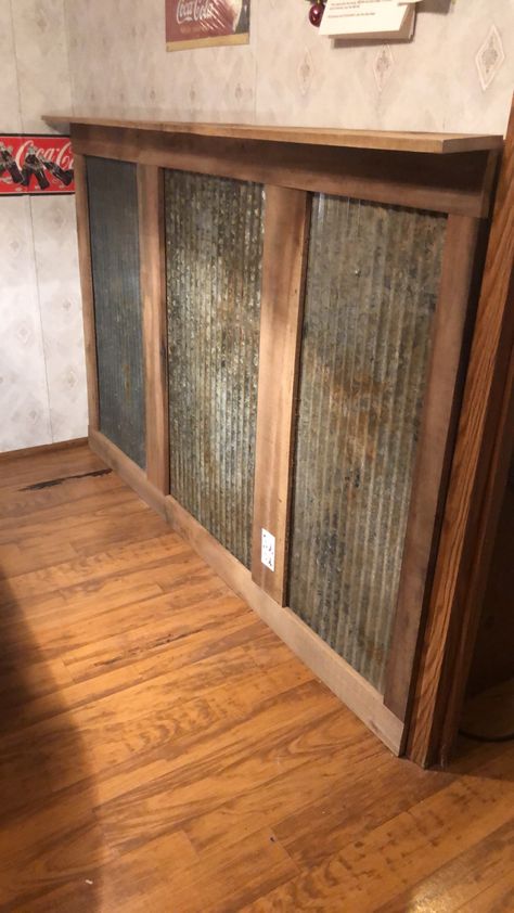 Rusted Tin Walls, Metal Wainscoting Ideas Corrugated Tin, Shiplap And Corrugated Metal Wall, Rusty Tin Walls, Tin Basement Walls, Tin Wall Ideas, Galvanized Wall Ideas, Rustic Walls Ideas, Tin Wainscoting Ideas