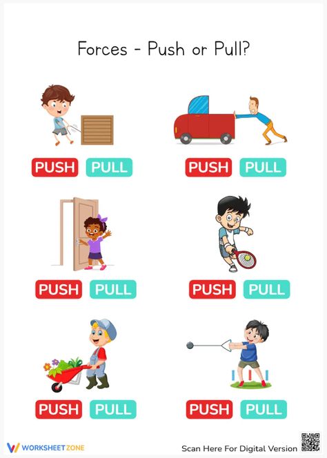 Push the boredom away and pull your interest in science with this worksheet right now! #pushandpull #pushorpull #science #worksheets #freeprintables #forces #push #pull #kidsactivities #scienceactivities #choosing #identifying #pushpullworksheet Push And Pull Activities For Preschool, Push And Pull Activities, Indoor Games For Kids, Push And Pull, 5th Grade Science, Pushes And Pulls, Science Worksheets, Indoor Games, Preschool Worksheets