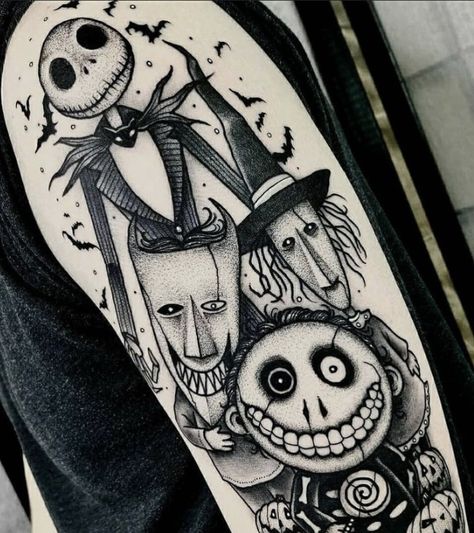 Halloween Tattoos Ideas, Box Trolls, Jack Skellington Tattoo, Cute Halloween Tattoos, Halloween Tattoos Sleeve, Tim Burton Tattoo, Jack Tattoo, Lock Shock And Barrel, Nightmare Before Christmas Tattoo