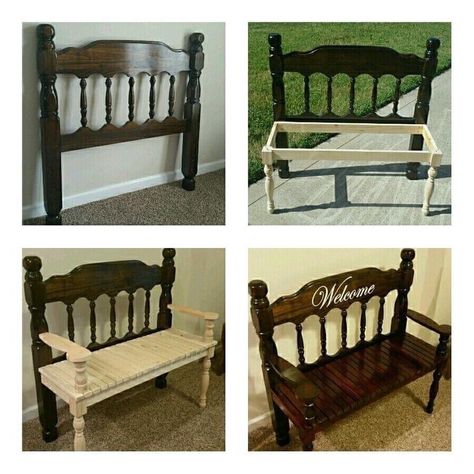 Benches Out Of Headboards, Benches Made Out Of Headboards, Benches From Headboards, Headboard Upcycle Repurposed, Headboard And Footboard Ideas, Upcycled Drawers Projects, Benches Made From Headboards, Bench Made From Headboard, Old Headboard Ideas