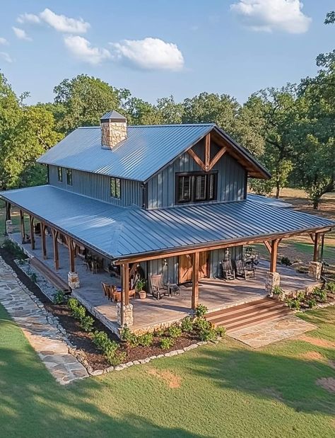 Unique Barndominium, Waterfall Ideas, Cabin Mansion, Wraparound Porch, Barn House Design, Cozy Cabins, Stone Farmhouse, Barn Style House Plans, Casa Country