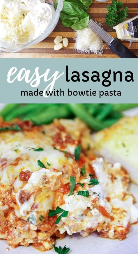 Easy lasagna (aka messy lasagna!) recipe using bowtie pasta or any favorite pasta - just not the traditional kind. Layer the homemade sauces with cottage cheese, parmesan and sour cream to make this delicious and easy lasagna recipe! #recipe #lasagna #dinner Easy Lasagna Casserole, Cleverly Simple, Lasagna Dinner, Recipe Lasagna, Easy Lasagna Recipe, Lasagna Pasta, Dinner Night, Bowtie Pasta, Fish Recipes Healthy