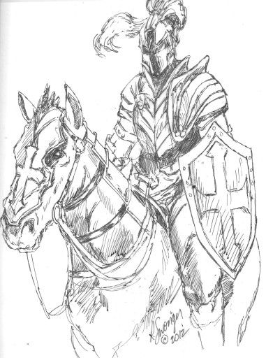 Knight on Horse - pen art Horse With Armor Drawing, Knight In Shining Armor Drawing, Knight On A Horse Drawing, Horse Armor Drawing, Knight On Horse Reference, Crusader Knight Drawing, Knight Sketch Drawings, Knight Ink Drawing, Horse Drawings Sketches