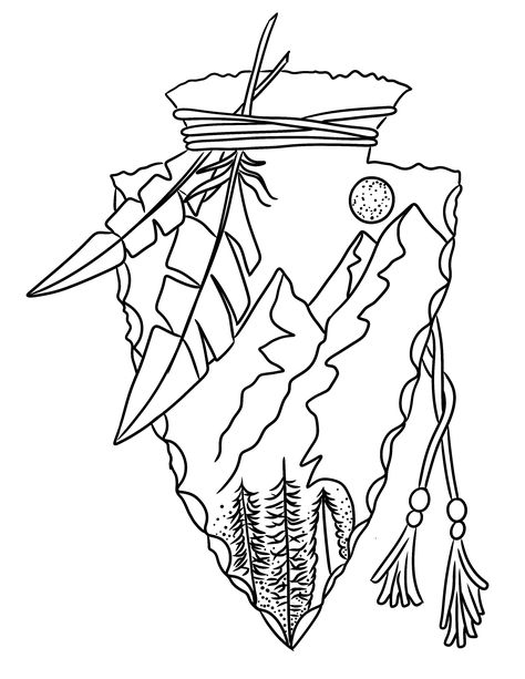 Broken Arrow Traditional, Native Drawings Easy, Native American Art Drawings Easy, Western Tattoo Drawings, Western Outline Drawings, Native Coloring Pages, Simple Country Drawings, Western Back Tattoos For Women, Arrowhead Tattoo Design