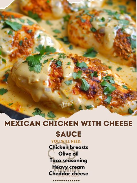 🌮 Spice up your dinner with our Mexican Chicken with Cheese Sauce! 🌶️🧀 #MexicanChicken #CheeseLovers Mexican Chicken with Cheese Sauce Ingredients: Chicken breasts (4) Olive oil (2 tbsp) Taco seasoning (2 tbsp) Heavy cream (1 cup) Cheddar cheese, shredded (1 cup) Monterey Jack cheese, shredded (1 cup) Garlic powder (1 tsp) Onion powder (1 tsp) Fresh cilantro, chopped (2 tbsp) Instructions: Season chicken with taco seasoning. Heat olive oil in a skillet and cook chicken until done. In a sa... Chicken With Taco Seasoning, Mexican Chicken With Cheese Sauce, Mexican Chicken With Cheese, Chicken With Cheese Sauce, Chicken With Cheese, Season Chicken, Chicken Taco Seasoning, Mexican Chicken Casserole, Cook Chicken