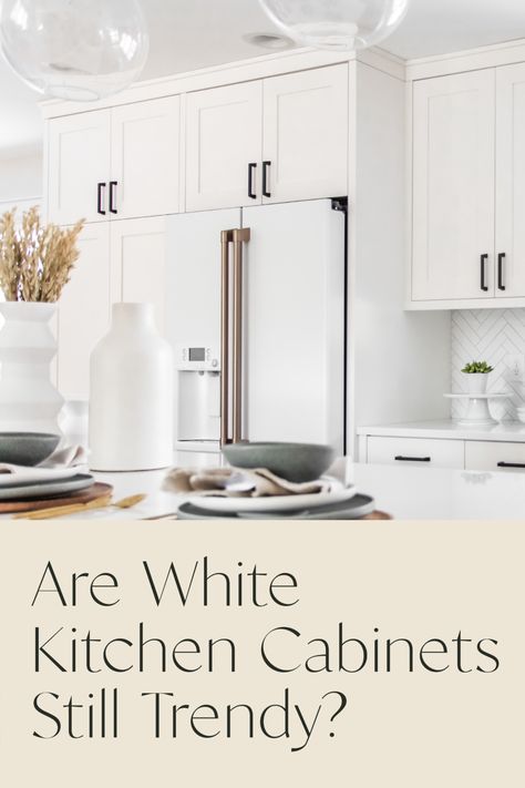 Are white kitchen cabinets here to stay or is the trend ending? 8 Warm White Kitchen Cabinets, Off White Kitchen Cabinets, White Kitchen Cabinet, Off White Kitchens, Oak Floating Shelves, Fish Scale Tile, Brushed Nickel Faucet, Black Countertops, All White Kitchen