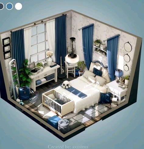 Bedroom Inspo Sims 4, Sims 4 Bedroom Inspiration, Cottage Bedroom Sims 4, Vintage Sims 4 House, Sims 4 Blue Bedroom, Sims 4 Interior Design Ideas Bedroom, Ts4 Interior Design, Sims 4 Coastal House Interior, Sims 4 Nook Ideas