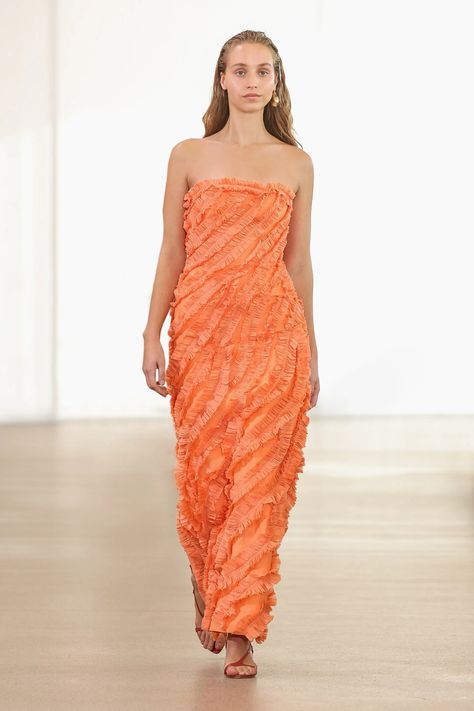 Frill Maxi Dress, Resort 2024 Collection, Ruffled Tops, Resort 2024, Column Skirt, Summer Lunch, Sunset Orange, Strapless Neckline, Silk Midi Dress