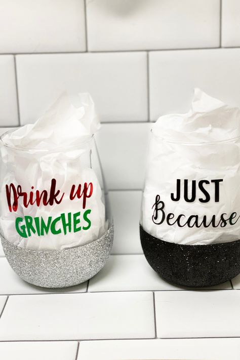 Are you a wine drinker or know someone who is? I have seen glitter wine glasses with vinyl sayings on them over the last couple of years, and I’ve always wanted to try my hand at making them. So, I got out my glitter, my Cricut Joy, some wine glasses and some vinyl and got busy. I want to help you learn how to make these glitter wine glasses with your Cricut. Mod Podge Glitter, Vinyl Sayings, How To Make Glitter, Glitter Wine Glasses, Vinyl Quotes, Glitter Wine, Wine Drinkers, Cricut Joy, Electrical Tape