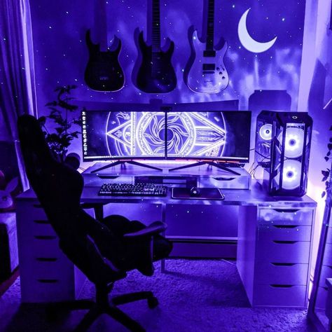 What a dream setup Gaming Room Setup Ideas, Room Setup Ideas, Gaming Room Ideas, Games Room Inspiration, Purple Games, Best Gaming Setup, Computer Gaming Room, Gamer Setup, Streaming Setup