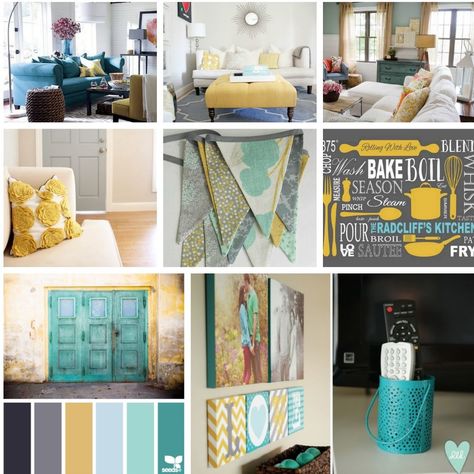 Design news! Karen's working on a big home reno and is getting inspired by a gray, teal and yellow color scheme. Aqua Living Room, Grey And Yellow Living Room, Yellow Color Scheme, Teal Rooms, Yellow Decor Living Room, Turquoise Living Room Decor, Living Room Turquoise, Teal Living Rooms, Living Colors