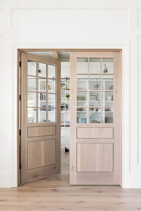 French doors leading into the library. Studio Mcgee French Doors, Studio Mcgee Doors, Entry Library, Study Doors, Library Doors, Home Office Doors, Mudroom Flooring, Mud Rooms, White Shiplap