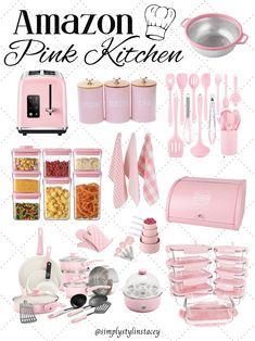 Pink Kitchen Organization, Pink And Black Kitchen Ideas Decor, Pink Kitchen Decor Ideas, Pink Aesthetic Kitchen, Pink Pots And Pans, Pink Apartment Aesthetic, Pink Pantry, Pink Kitchen Aesthetic, Pink Appliances