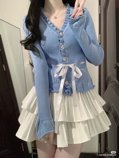 Pastel Blue And White Outfit, White Blue Outfit Aesthetic, Blue Female Outfits, Blue Cute Clothes, Blue Feminine Outfit, Light Blue Coquette Outfit, Blue Girly Outfits, Blue Cutecore Outfit, Sky Blue And White Outfit