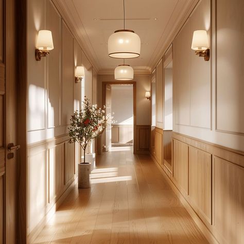 A Classic Hallway Design With Elegant Lighting Classic Hallway, Modern Wainscoting Ideas, Cottage Hallway, Cottage Entryway, Entryway Table Decor Ideas, Wood Wainscoting, Mid Century Minimalist, Elegant Lighting Fixtures, Cottage Aesthetic