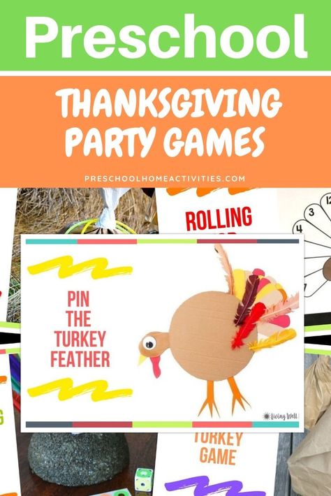 Preschool Thanksgiving Party Games - Preschool Home Activities - Pin The Turkey Feather - Stuff The Turkey Game - Turkey Leg Ring Toss - Rolling For Turkeys - Thanksgiving Kids Games #preschoolthanksgivingpartygames #preschoolthanksgivingactivities #preschoolthanksgivingfeast #preschoolthanksgivingprintables #preschoolthanksgivingparty #preschoolthanksgivinggames #preschoolthanksgivingtheme Preschool Thanksgiving Party, Thanksgiving Party Games, Turkey Games, Games Preschool, Fun Thanksgiving Games, Thanksgiving Activities Preschool, Preschool Thanksgiving, Thanksgiving Games For Kids, Thanksgiving Kindergarten