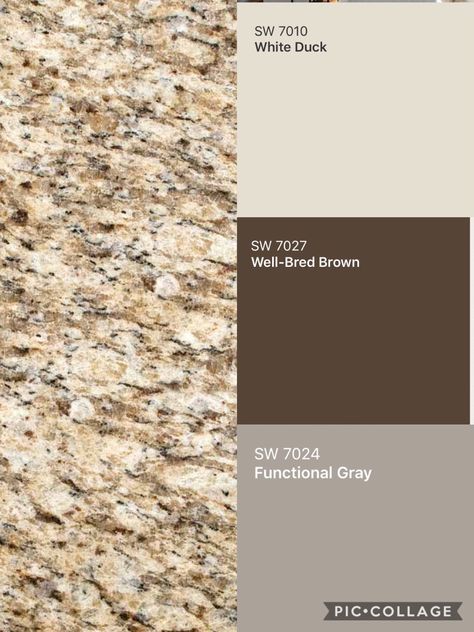 Gold Sand Granite, Speckled Brown Granite Countertops, Cream Cabinets Brown Granite, Grey Kitchen Cabinets With Grey Flooring, Golden Granite Kitchen, Brown And Gold Kitchen Cabinets, Brown Beige Kitchen Ideas, Backsplash For Tan Granite, Painted Cabinets With Granite Counter